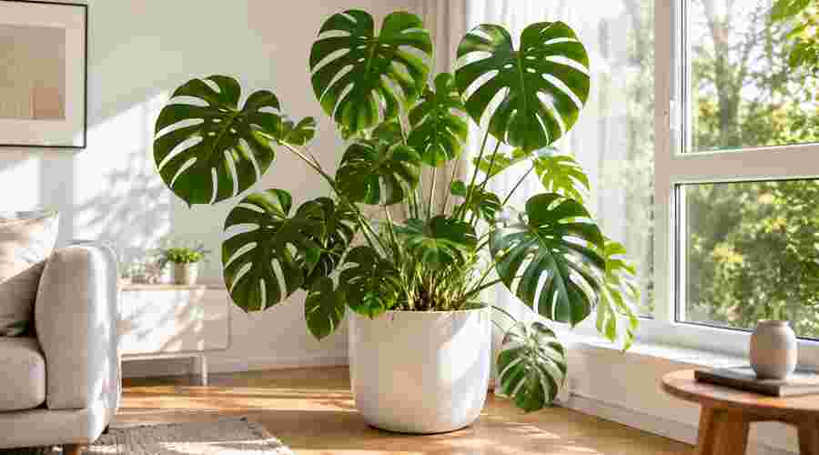 Große Monstera mit gesunden grünen Blättern im Wohnzimmer