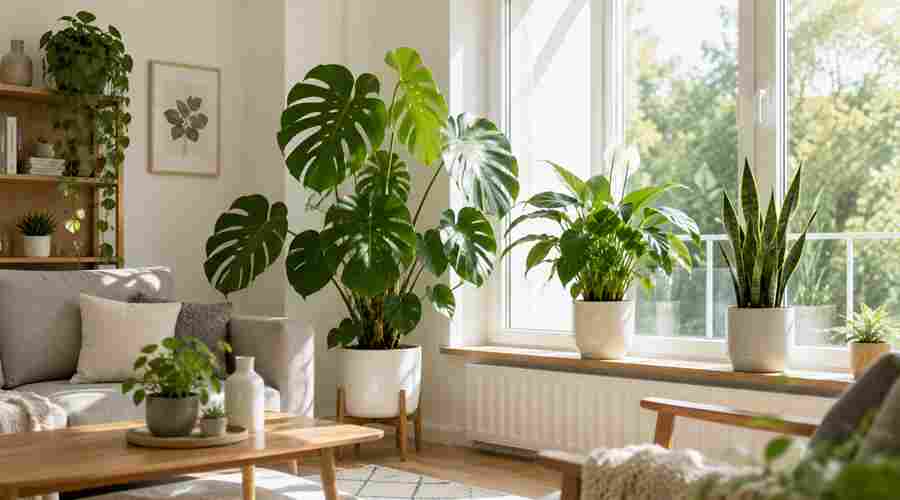 Zimmerpflanzen am hellen Fenster im Wohnzimmer